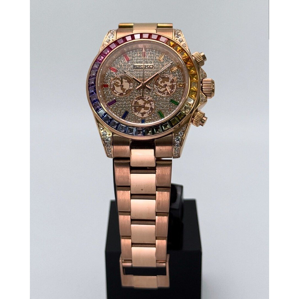 Custom Seiko Mod • Double Rainbow Pave Diamond Rose Gold Daytona • 39.5mm